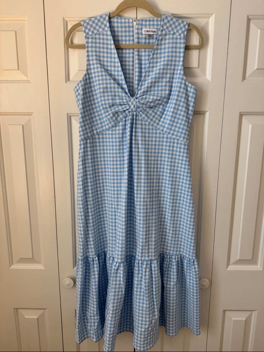 Calvin Klein Light Blue and White Gingham Twist-Front Midi Dress